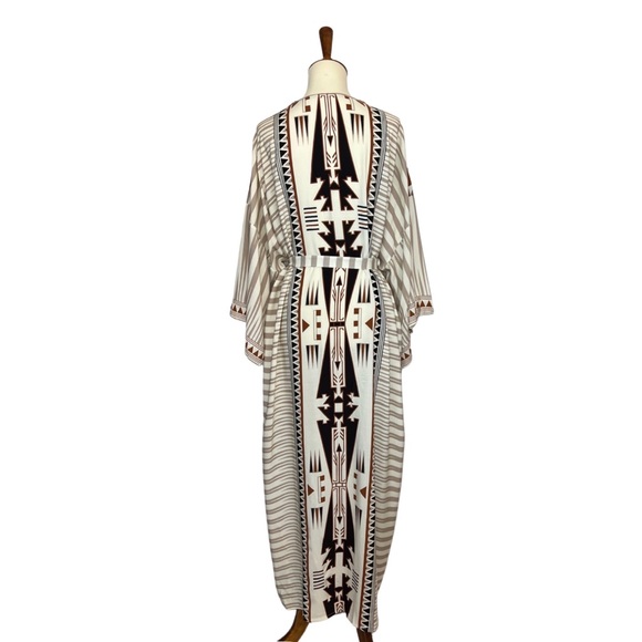 Boho Aztec Tribal Cream Tan & Black Kimono Beach Coverup Duster - Picture 12 of 16